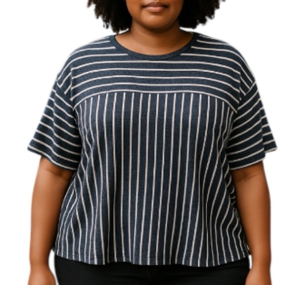 Coin 1804 Stripe Knit Top Navy White 1/2 Sleeve Round Neck Brushed Stretch 2X - Picture 1 of 11